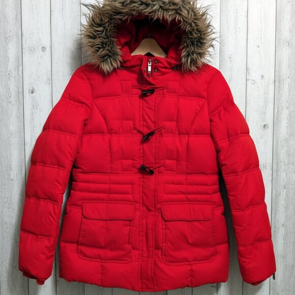 ESPRIT Women's Red Puffer Jacket Faux Fur Hood Toggle Winter Down Coat Size (M) - Picture 4 of 9
